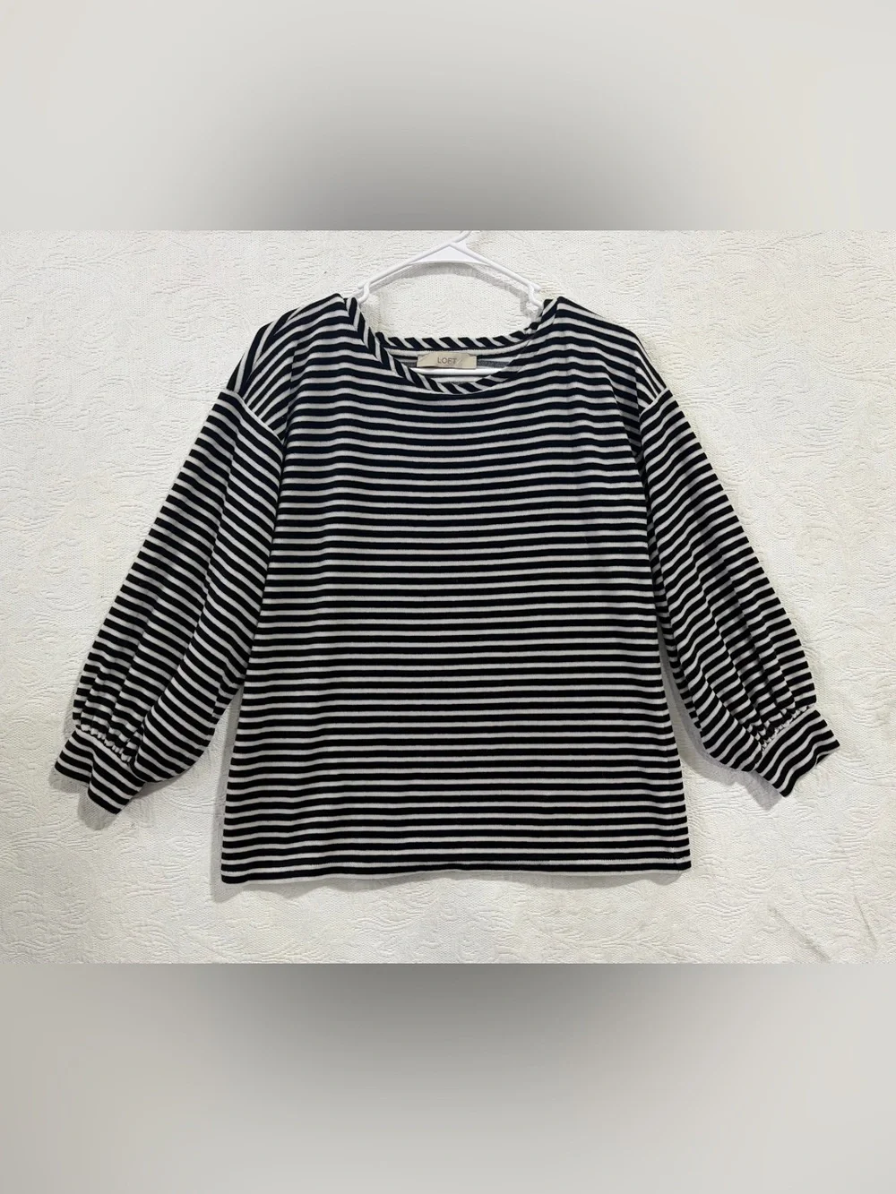 LOFT Black & White Striped Long Sleeve Velvety Blouse